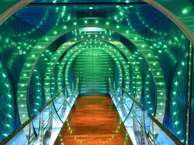 Blue & Green LEDs Lights frame an Interior Hallway Design Blue & Green LEDs Lights frame an Interior Hallway Design